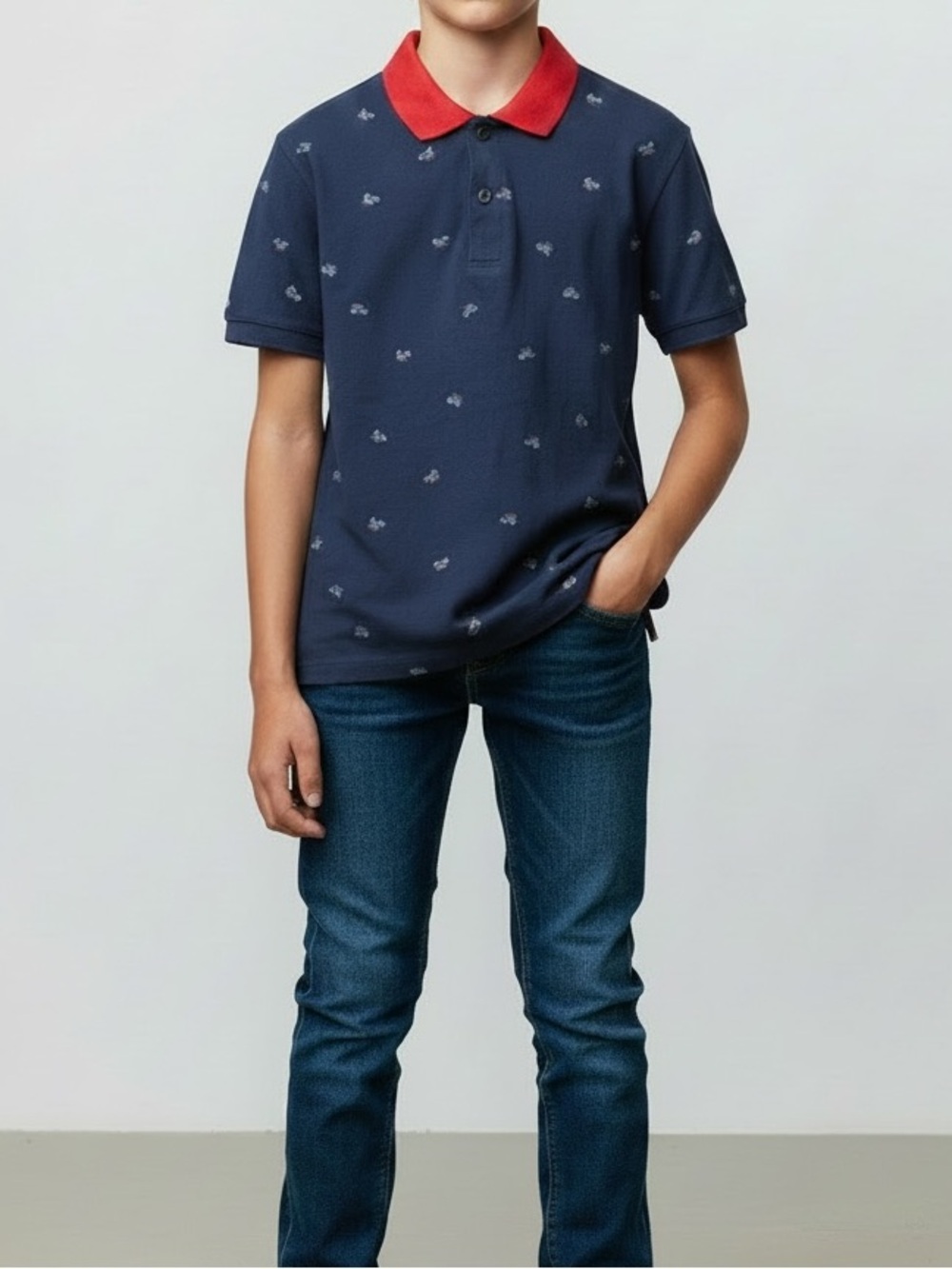 Uniqlo Navy Polo with Red Contrast Collar and Micro Motifs - Kids